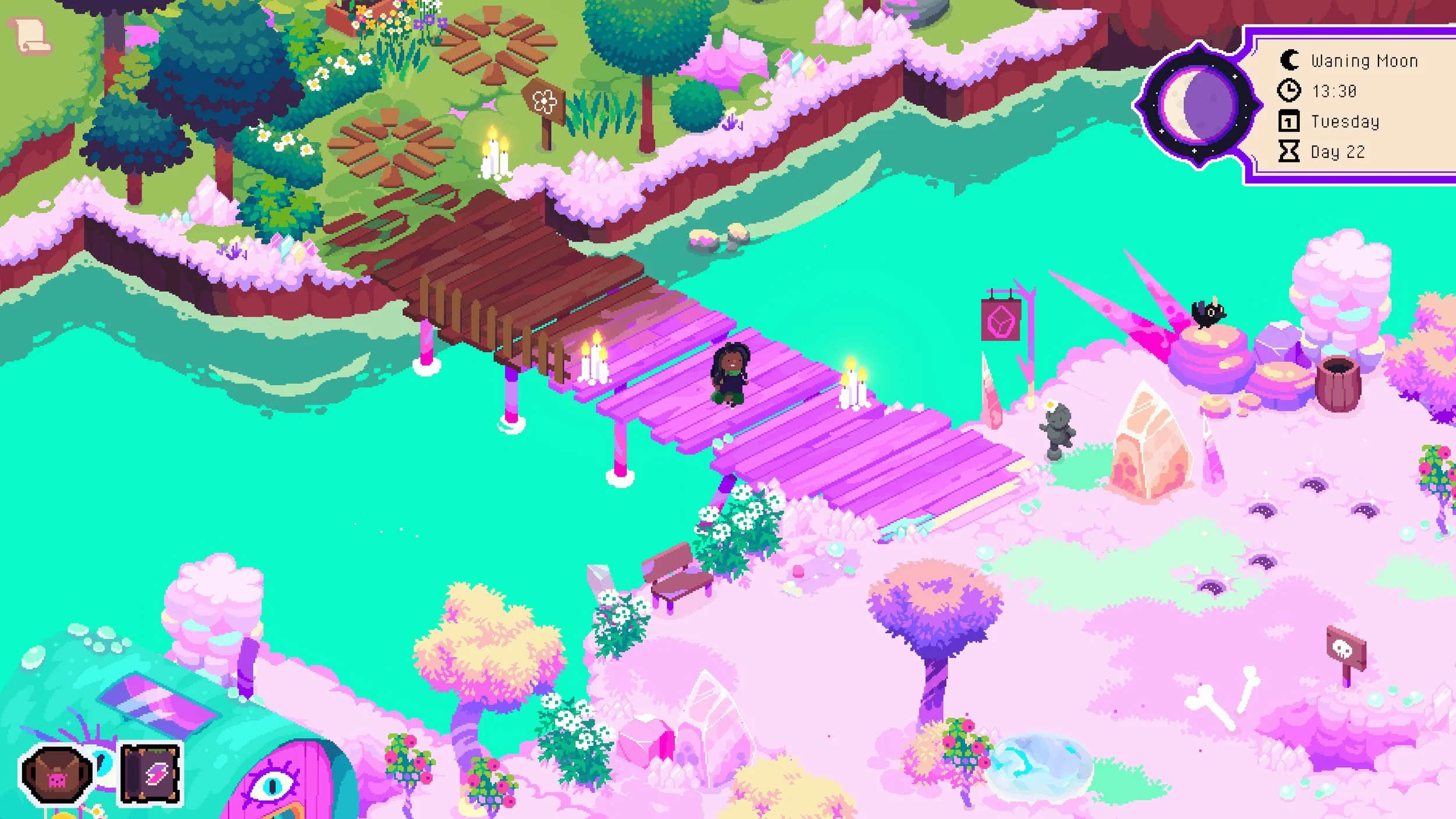 Ritual of Raven Screenshot: Showing a player character crossing a bridge from a grassy area over to the pink crystal area.