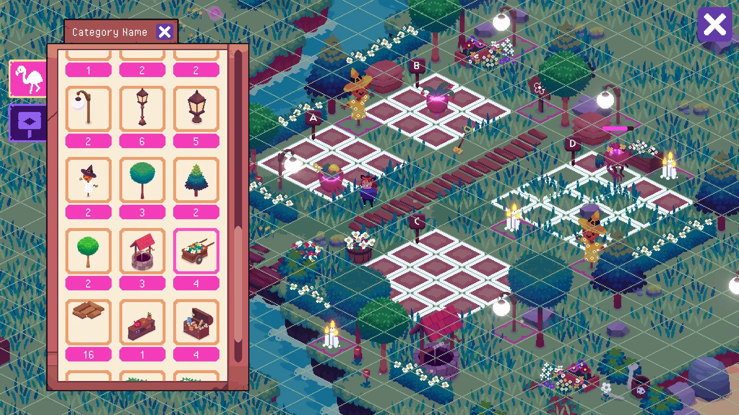 Ritual of Raven Screenshot: Showing a farm setup with different fields prepped for farming while the decorating UI is open, showing a menu on the left with different decorative items.