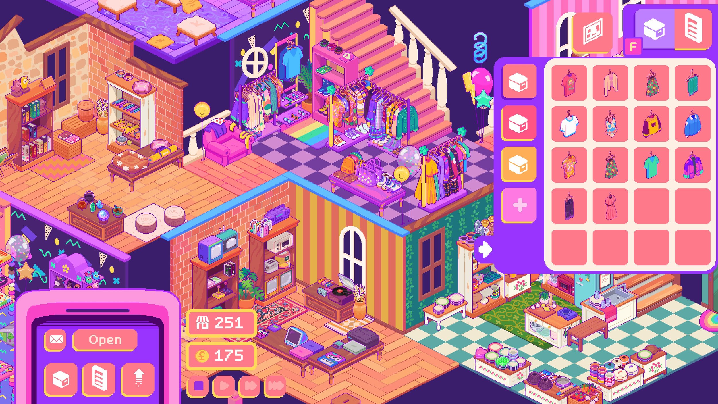 Thrifty Business Screenshot: Showing a more zoomed out shop where you can see four different rooms. All of them have a different color aesthetic: brown and white cottagecore, pink and purple 90s arcade, orange and yellow vintage and green cottage cor