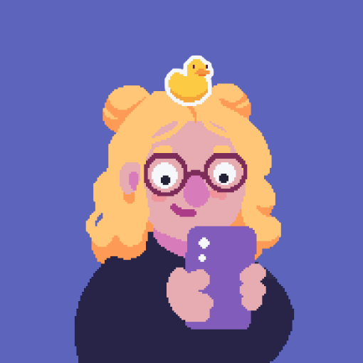 Pixel art avatar of Malin. A light-skinned woman with blonde hair and space buns. There's a duck sticker on her head, she's holding a phone. Morphs into an actual photo of Malin upon hovering.