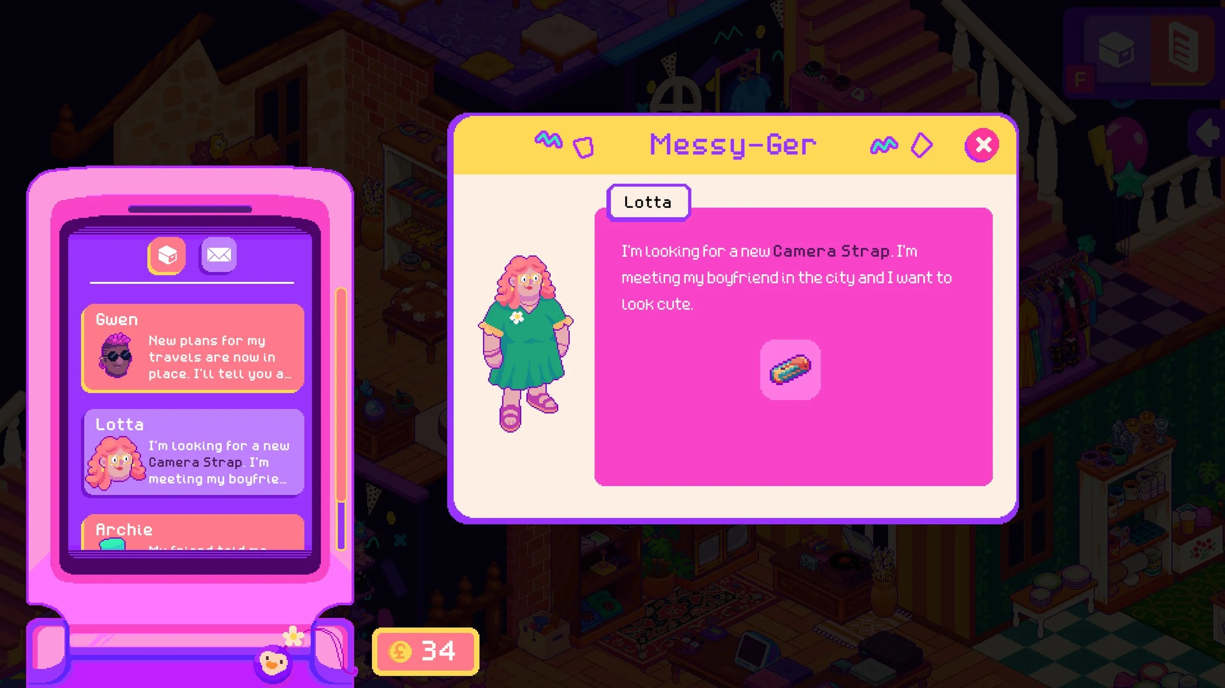 Thrifty Business Screenshot: Showing a pink flip phone opened to an item request by a customer called Lotta, who is looking for a camera strap.