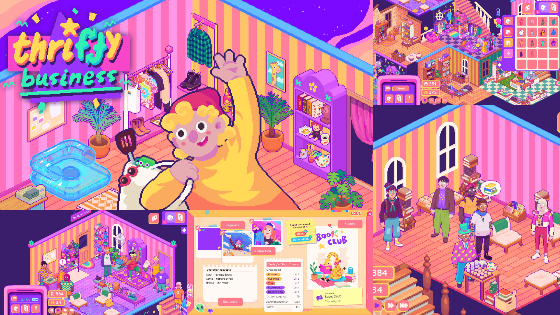 A collage with the Thrifty Business cover art and different screenshots from the game. Colorful pixel art of a 90s themed thrift shop simulator.
