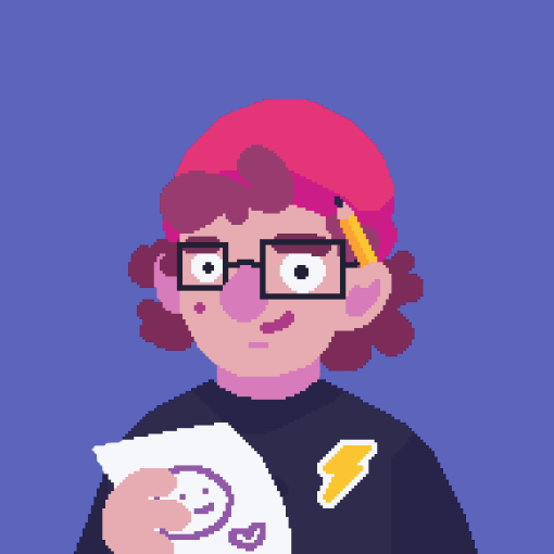 Pixel art avatar of Sophie. A light-skinned person with short curly hair and glasses wearing a beanie. They have a pencil behind their ear and are holding a post it note with some scribbles on it. Morphs into an actual photo of Sophie upon hovering.