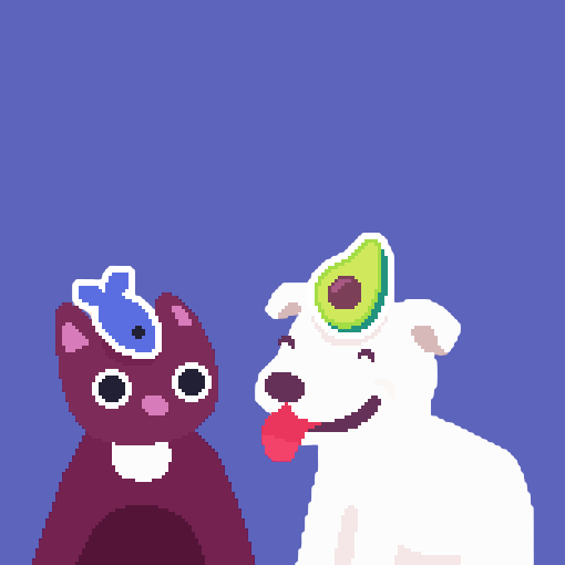 Pixel art of Milou, a brown cat and Lani, a white dog. Moprhs into an actual picture of the two upon hovering.