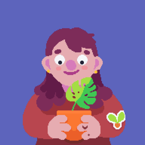 Pixel art avatar of Zoe. A light skinned, brown-haired woman holding a plant. Morphs into an actual photo of Zoe upon hovering.