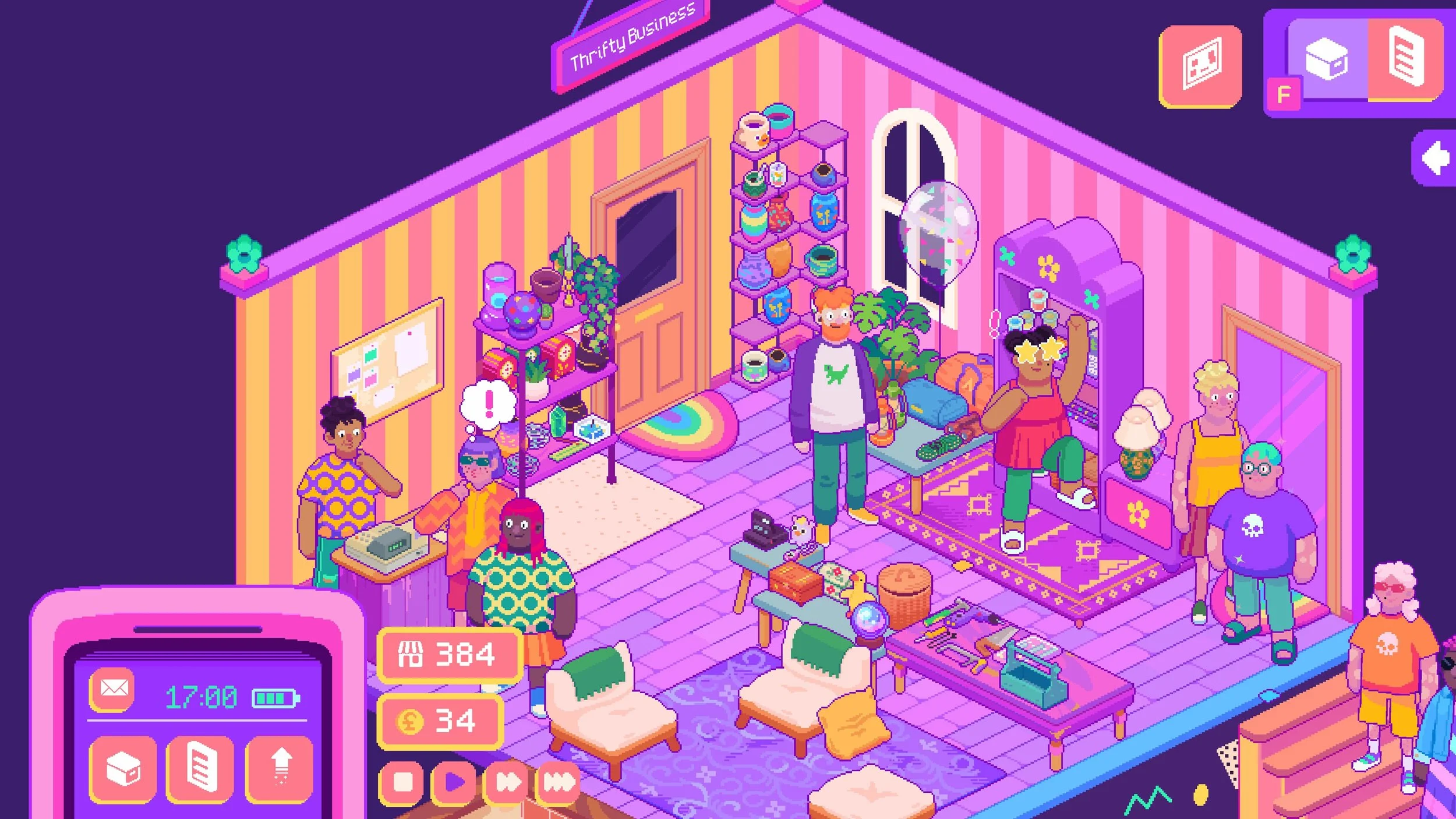 Thrifty Business Screenshot: Showing a pink shop overview with customers roaming around, there's some waiting at the till, another doing an air jump upon discovering an item they want.