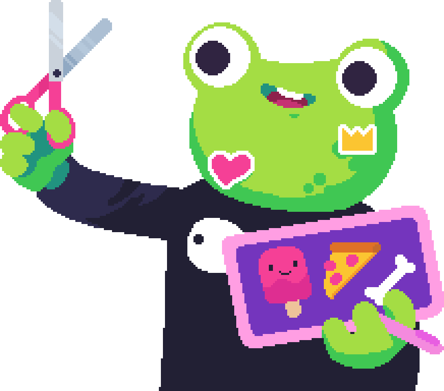 Pixel art of the Sticky Business frog holding scissors and a tablet with some stickers on it.