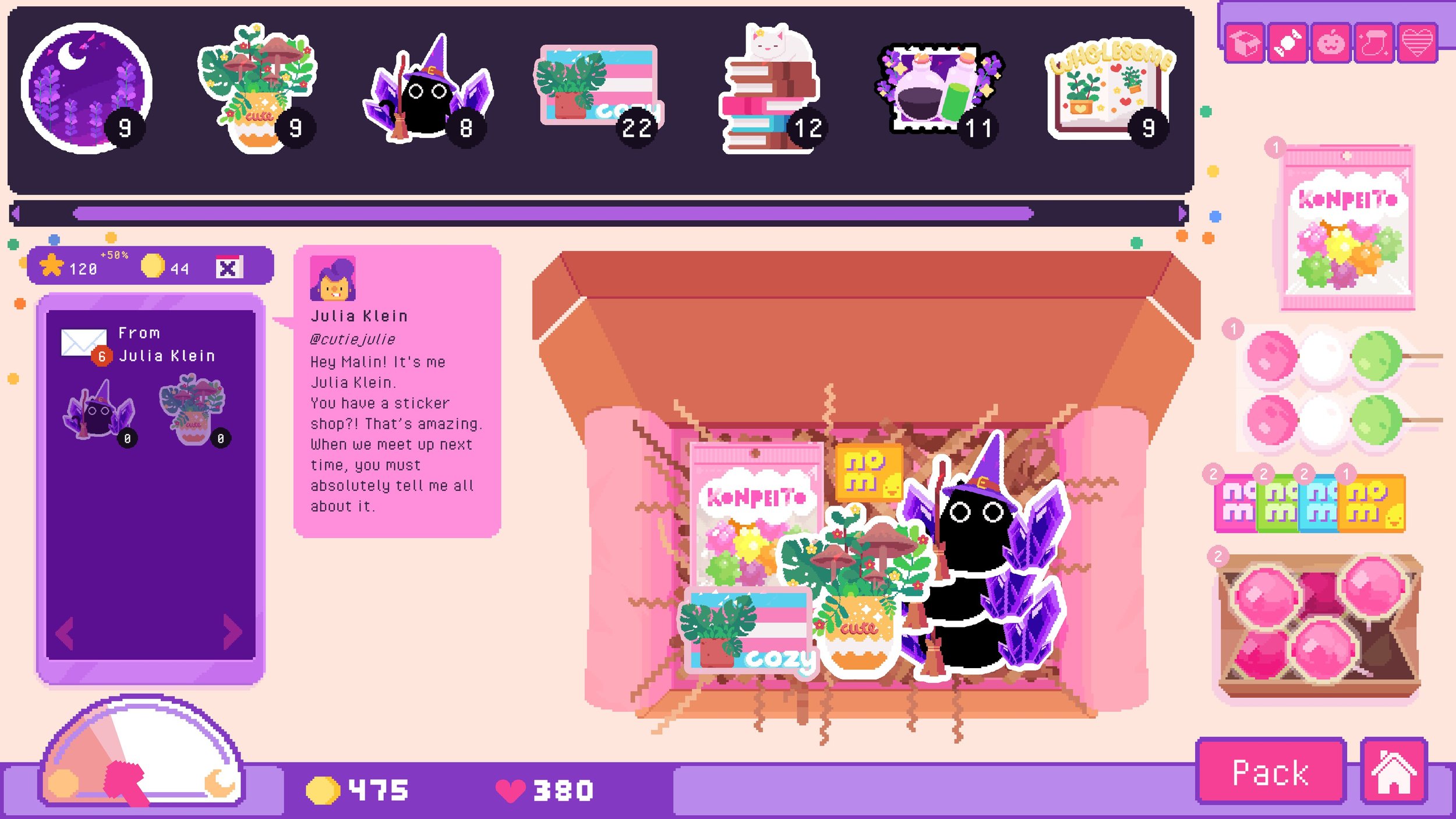 Sticky Business Screenshot: Packaging Screen showing a box filled with different stickers and some goodies as well as a message from a customer being excited about the sticker shop.