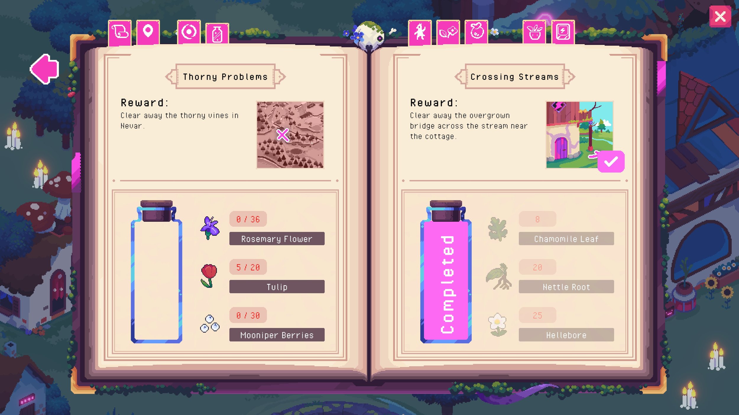 Ritual of Raven Screenshot: Showing the Book of Shadows opened up on a ritual page. Rituals are little fetch quests you have to complete by delivering different grown and foraged items.