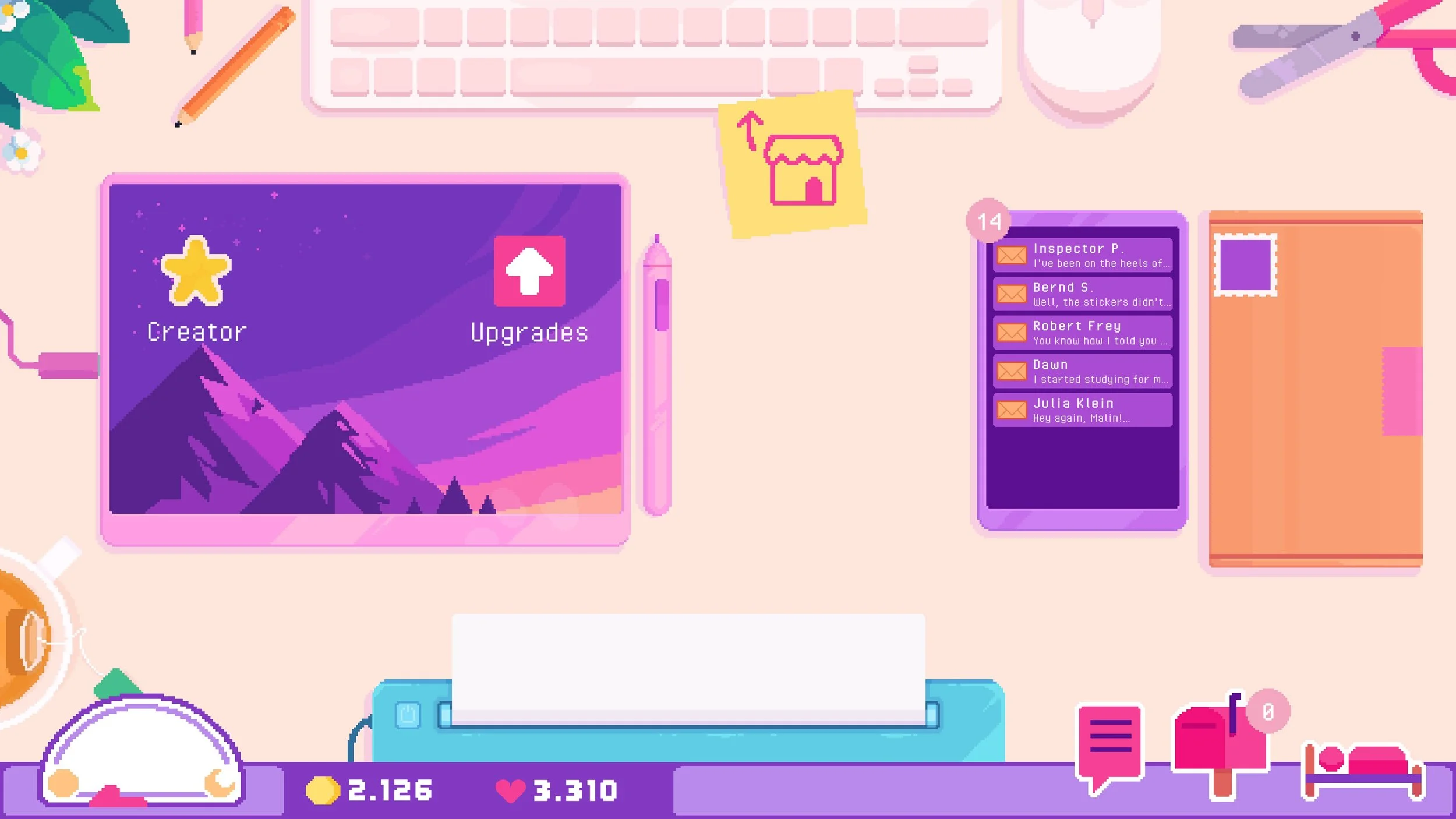 Sticky Business Screenshot: Showing the Hub from In-Game from which you can get to the different screens like the sticker creator, packaging, your shop and upgrades shop.