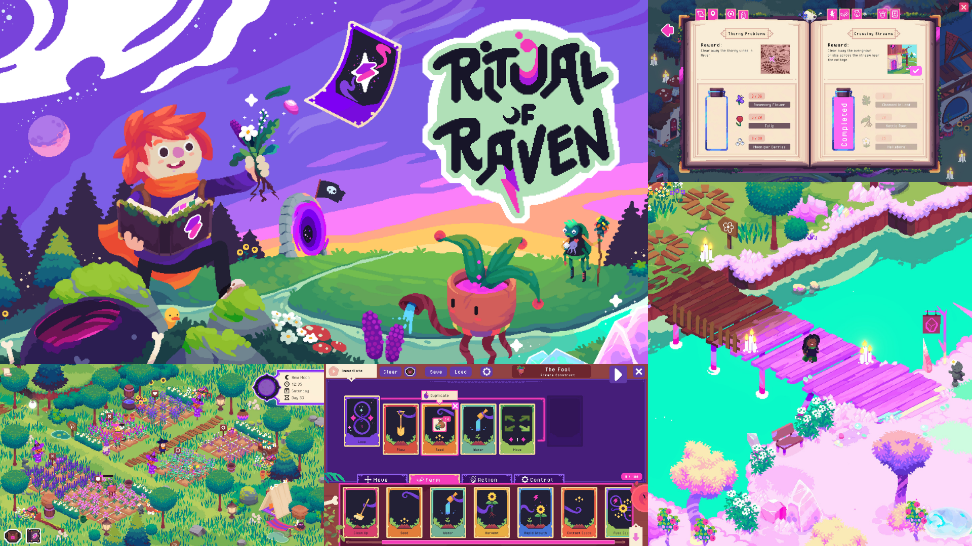 A collage with the Ritual of Raven cover art and different screenshots from the game. Purple and witchy-themed pixel art showing a magical farming simulator.
