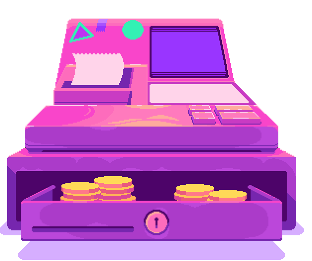 Pixel graphic of the pink Thrifty Business cash register.