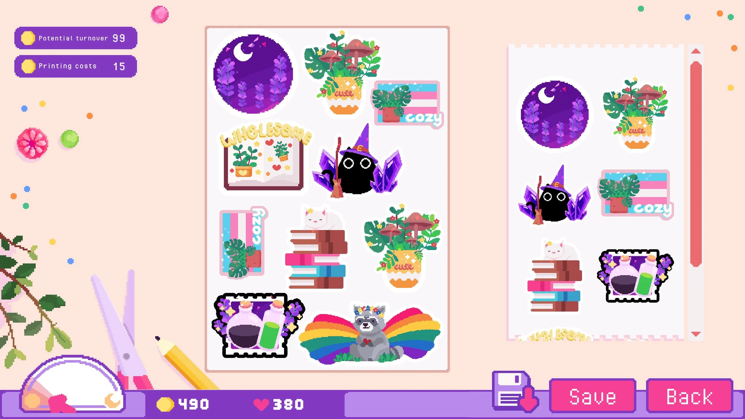 Sticky Business Screenshot: Showing a sticker sheet full of a variety of colorful stickers including a cat with a witches hat, a raccoon with rainbow winds and a plant pot with mushrooms and vines.