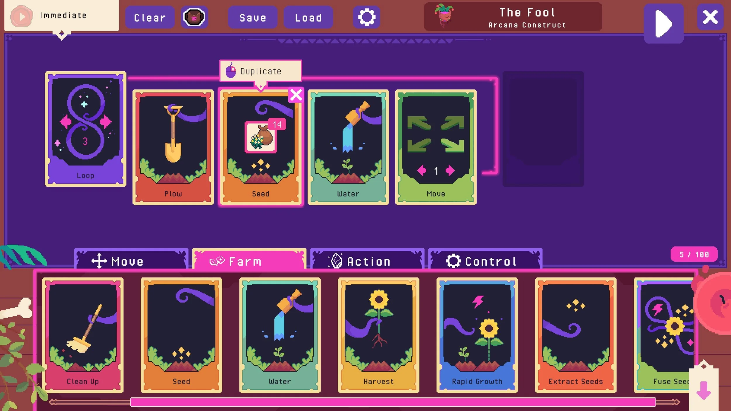 Ritual of Raven Screenshot: A card spread showing an automation loop with which a construct would plow, sow seeds, water and then move by one tile.