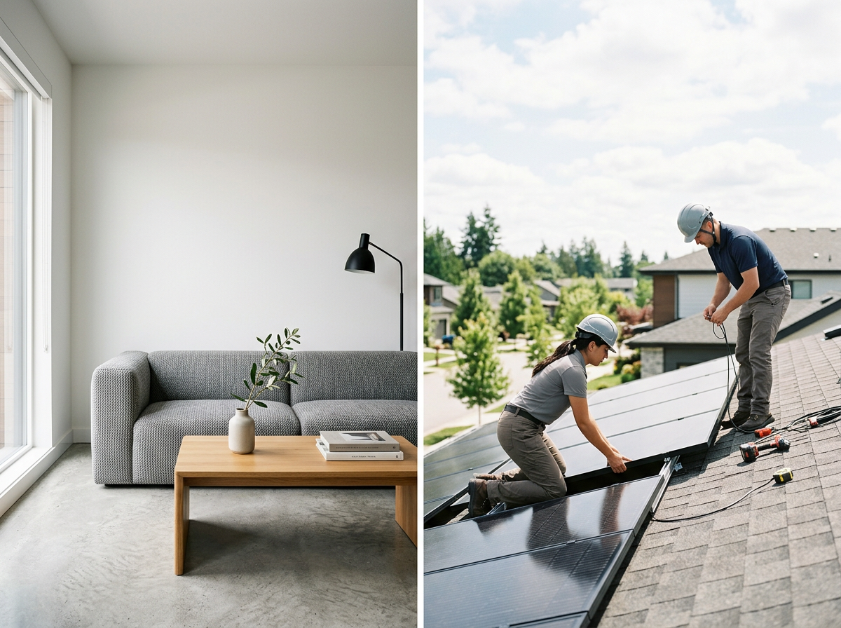 Split-screen image: A minimalist living room with a gray sofa, a wooden coffee table, and a plant, on the left; two workers installing solar panels on a roof on the right.