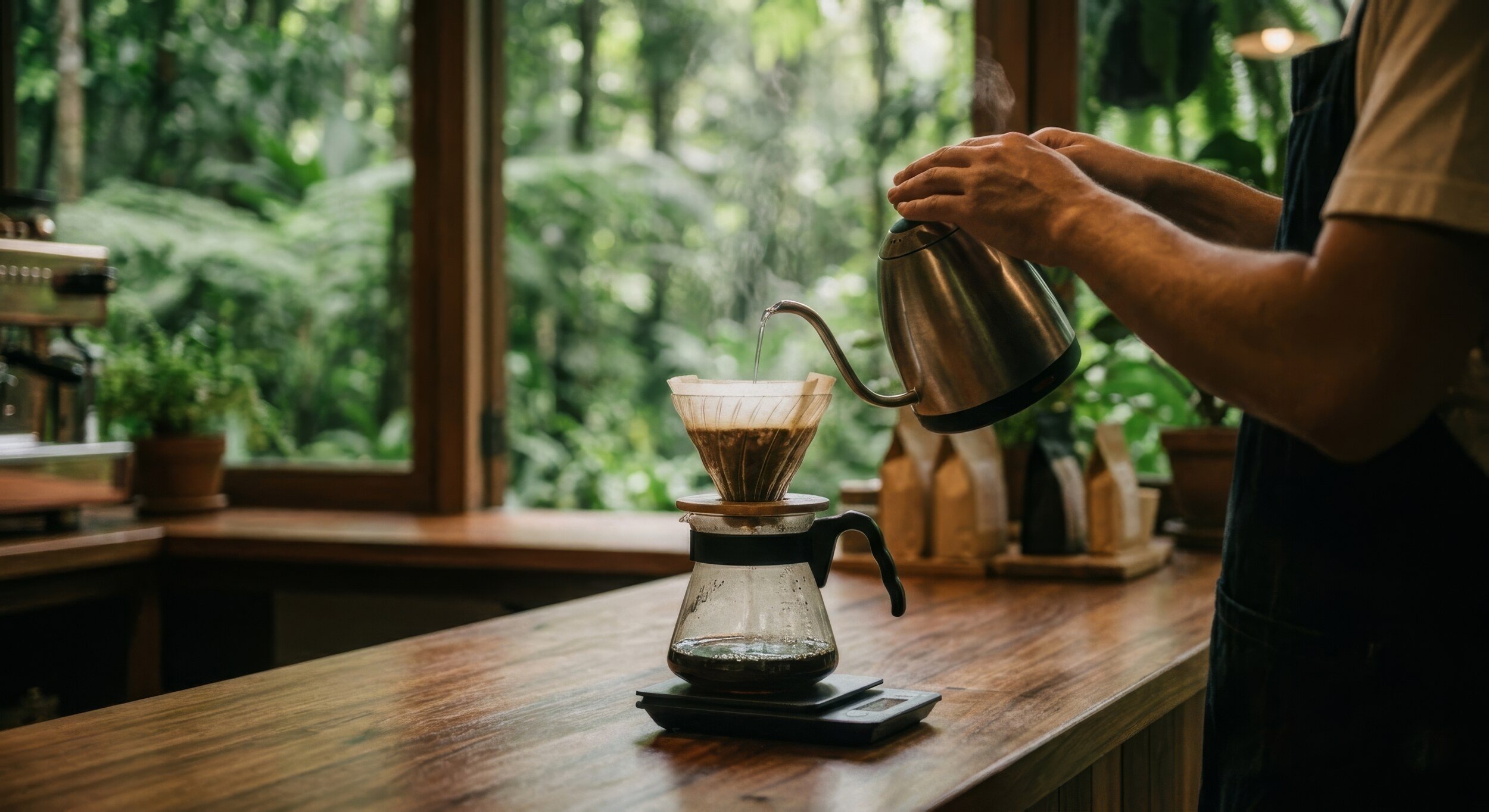 Person pouring hot water over coffee grounds in a pour-over coffee maker in a cozy, green-filled kitchen.
