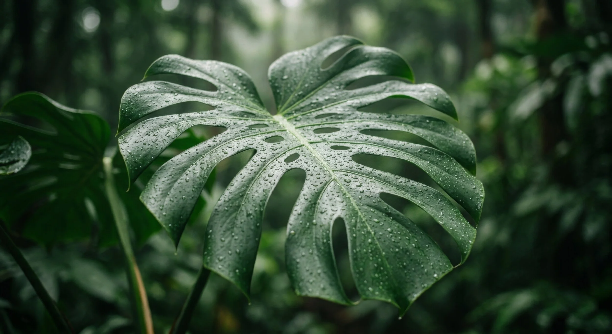 Close-up of a large green Monstera leaf with water droplets on its surface, in a lush jungle setting.