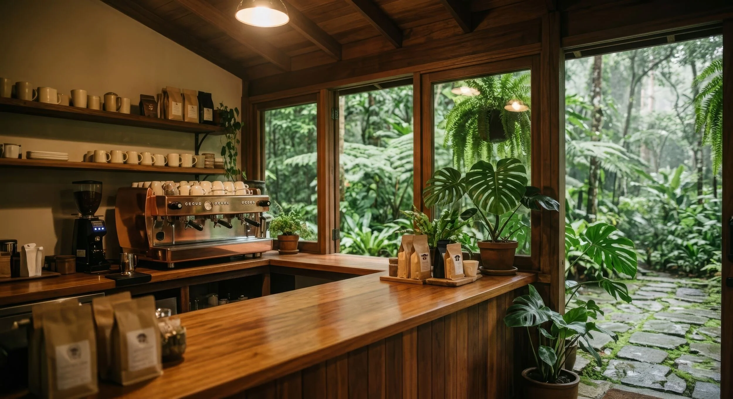 Coffee bar with a coffee machine, cups, and potted plants inside a room overlooking a lush green forest outside through large windows.