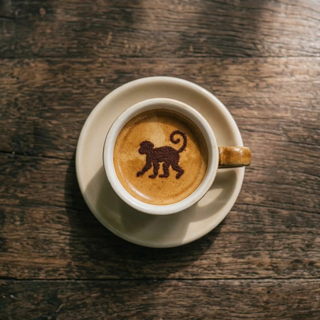 A cup of coffee with a monkey design in foam on top, sitting on a saucer on a wooden table.