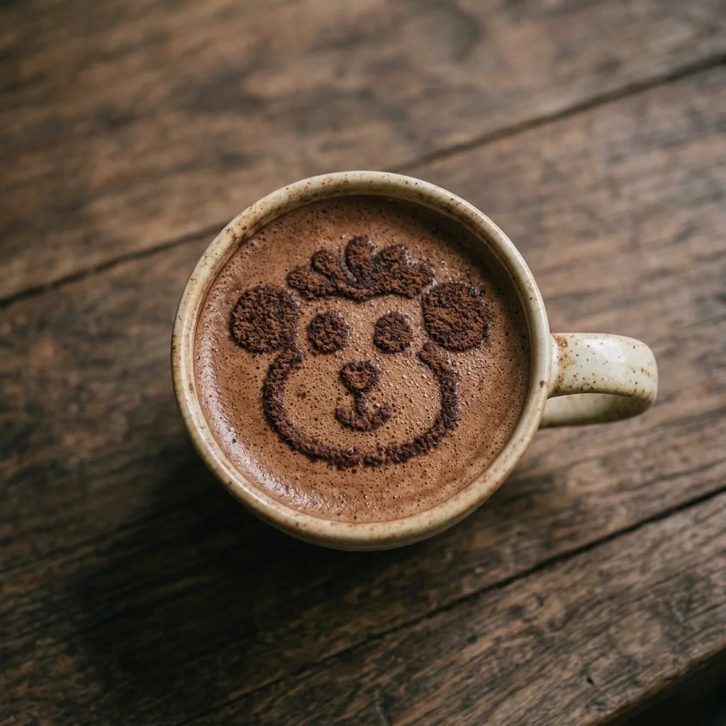 A mocha in a speckled mug with a monkey drawn in cocoa on the foam, on a wooden surface
