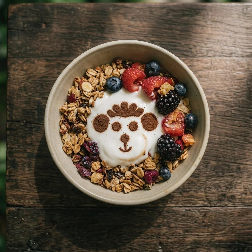 A bowl of granola and yoghurt with a monkey drawn in cocoa, topped with forest fruits