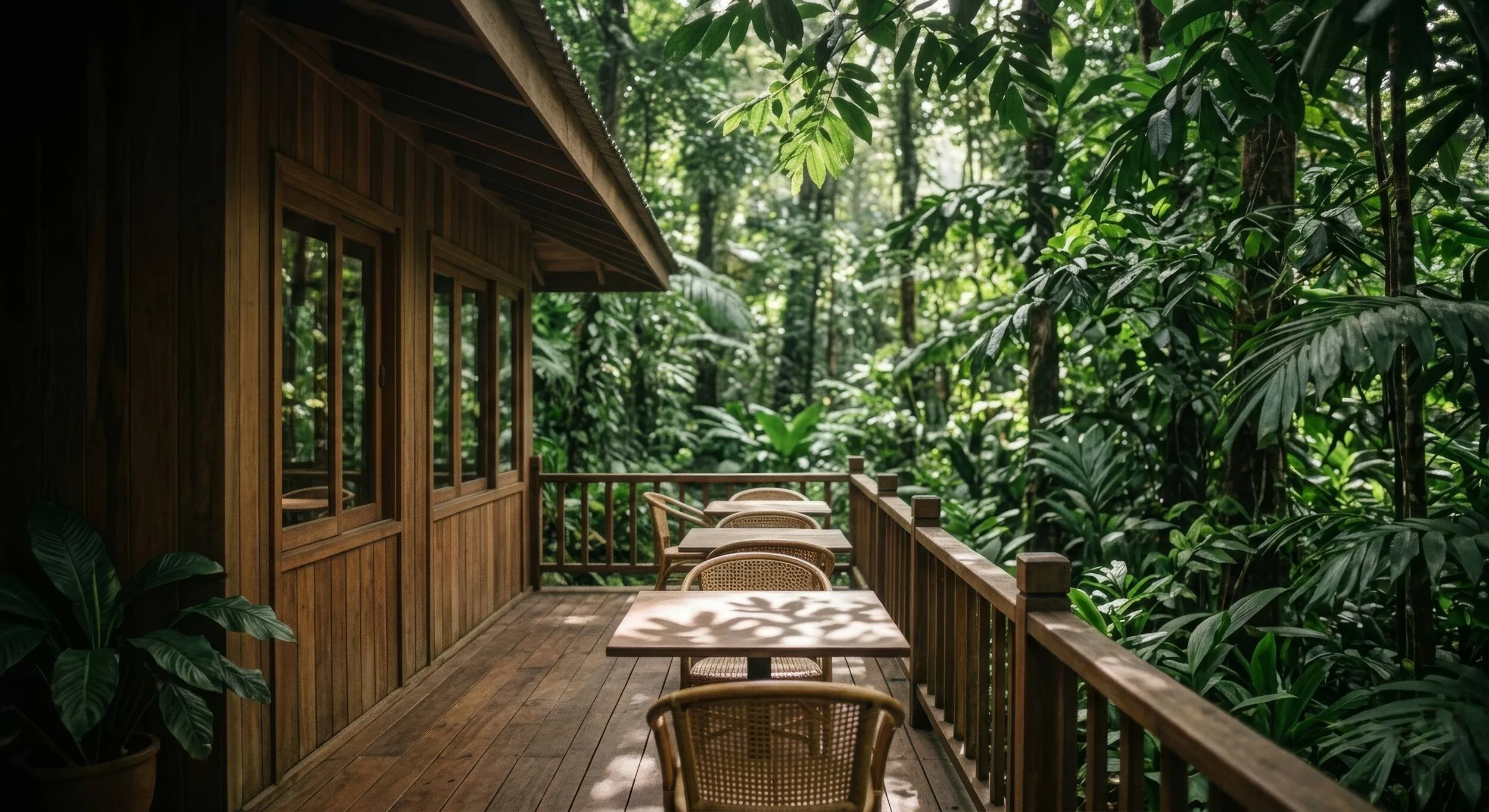 Cafe tables on a wooden terrace under the forest canopy