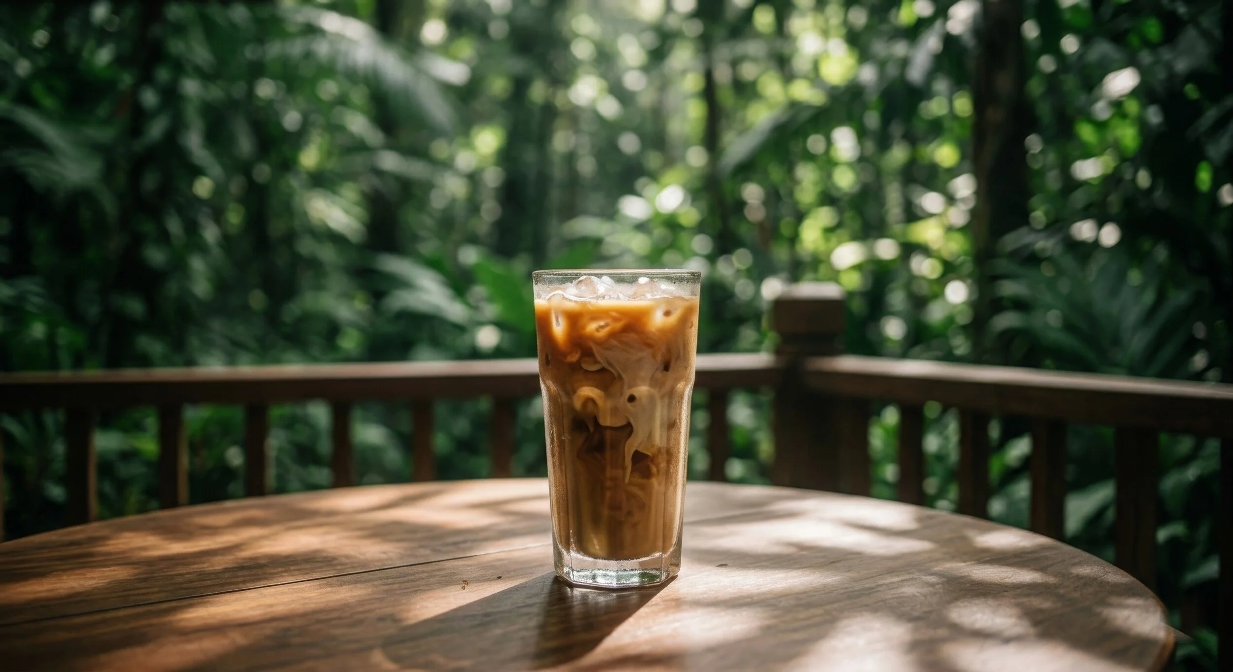A glass of iced coffee with milk on a wooden table outdoors surrounded by lush green trees.