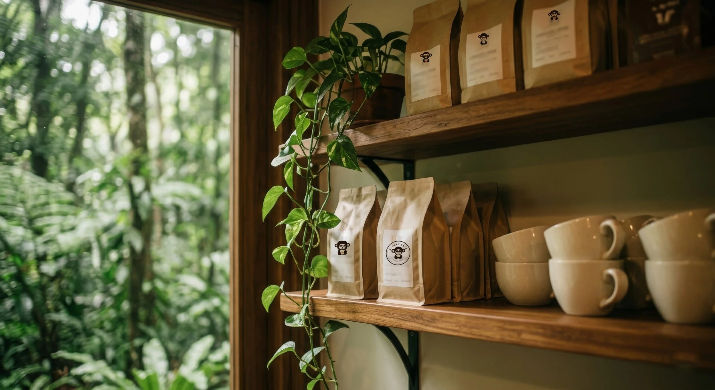 Wooden shelf inside a store with packages of coffee beans, some cups, and a green plant, with a window showing trees outside.