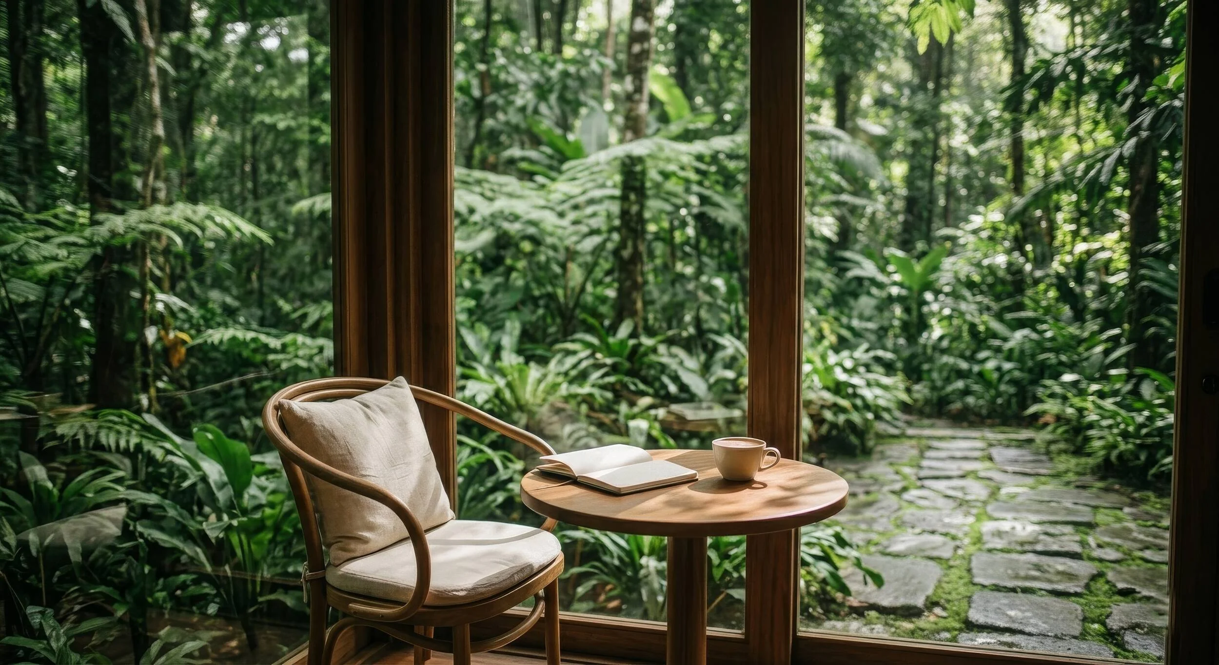 Indoor wooden chair and small round table with open book and coffee mug, large window revealing dense green jungle foliage outside.