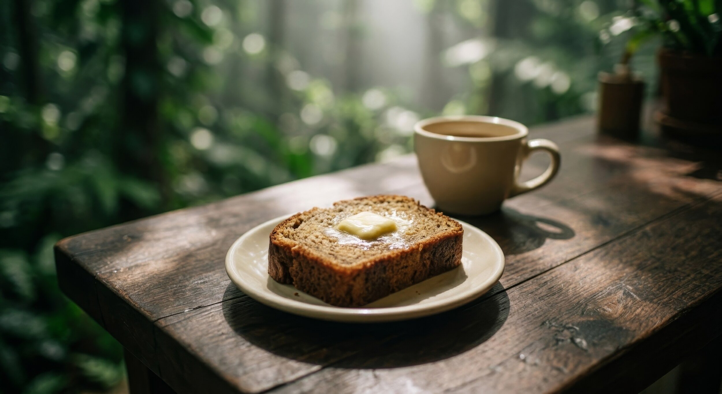 A slice of banana bread with butter on a cream plate