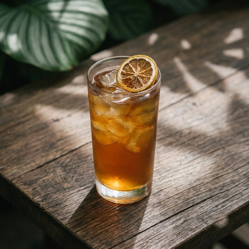 A glass of iced tea garnished with a slice of lemon, sitting on a rustic wooden table with greenery in the background.