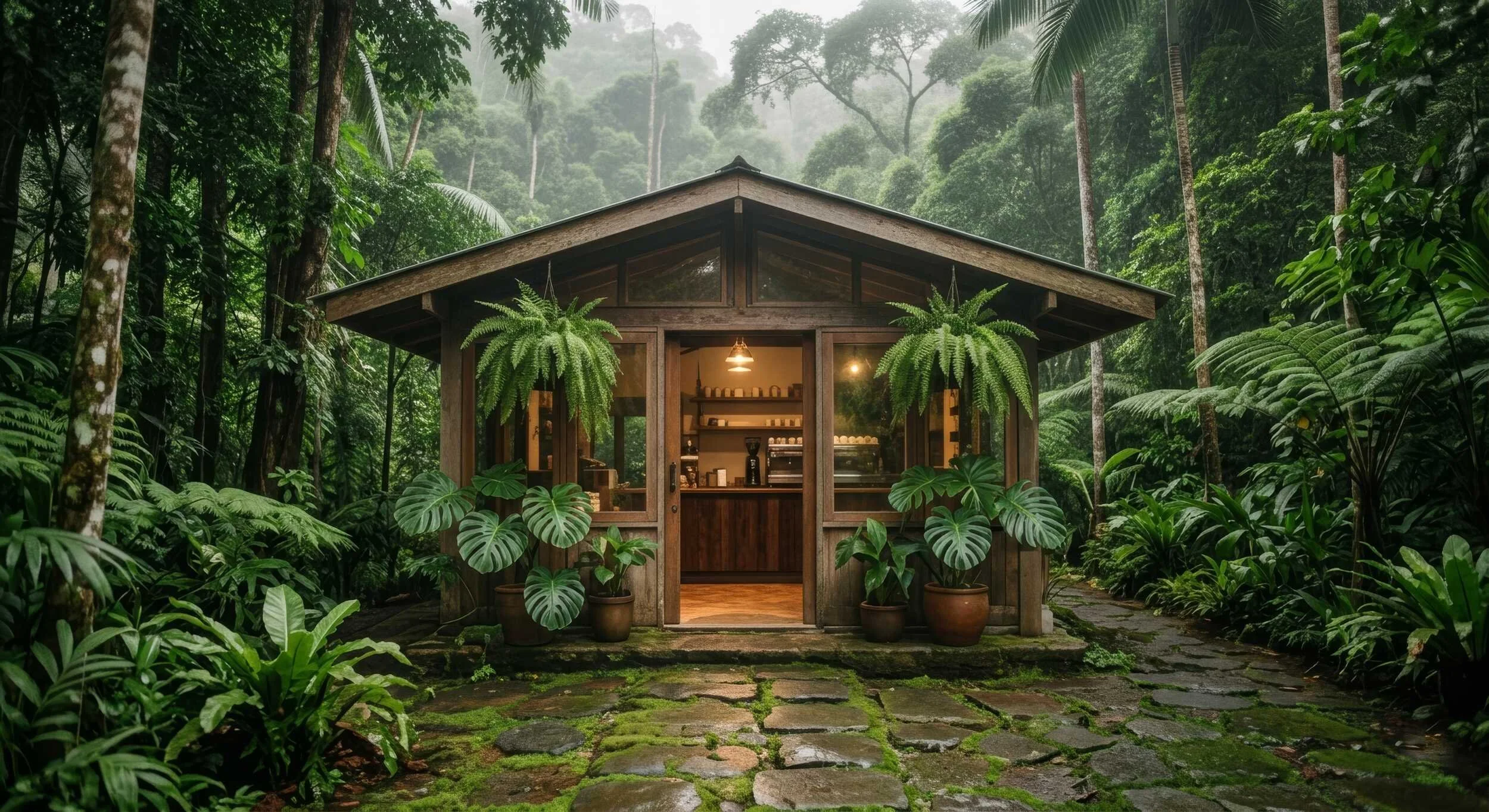 Monkey Café's timber building at the edge of the rainforest
