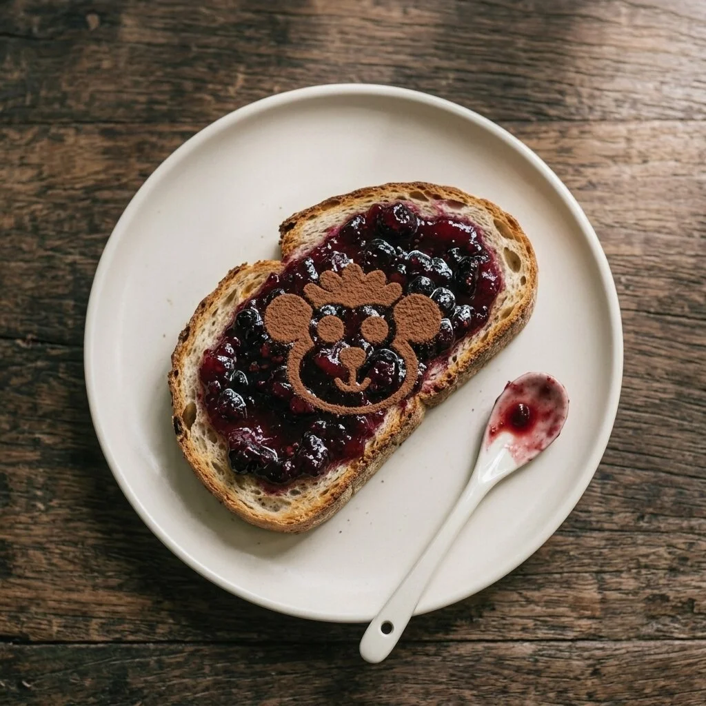 Sourdough toast with forest fruit jam and a monkey drawn in cocoa, on a white plate with a jam spoon