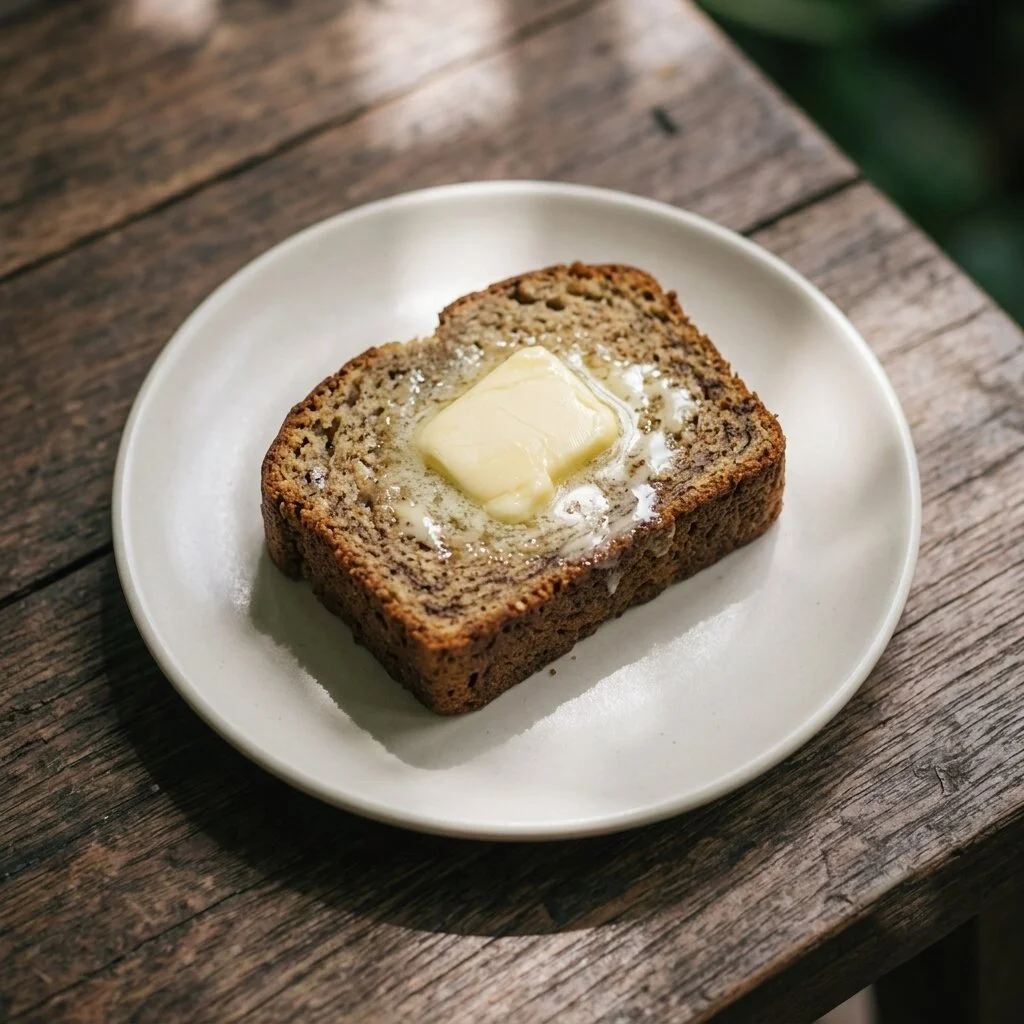 A slice of banana bread with a pat of butter on top, served on a white plate on a wooden table.