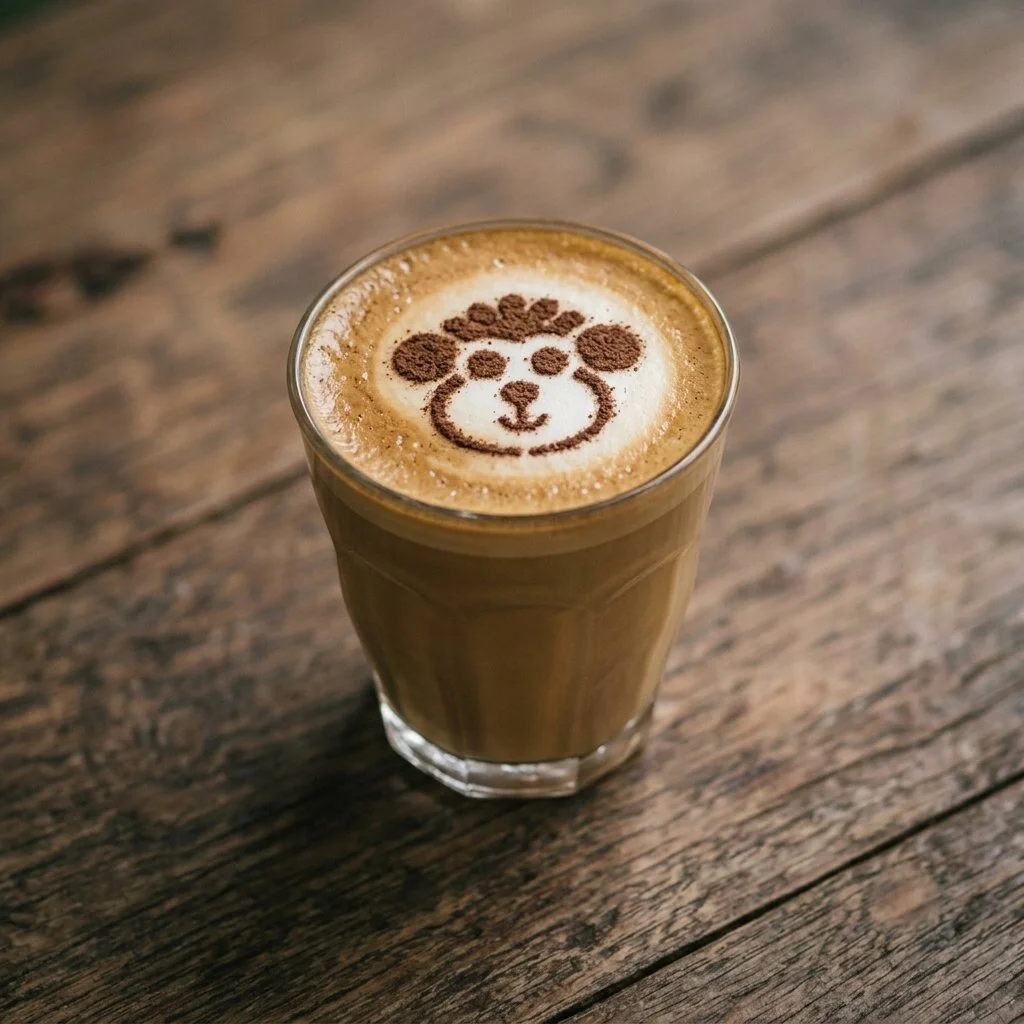 A cortado in a small glass with a monkey drawn in cocoa on the foam, on a wooden table