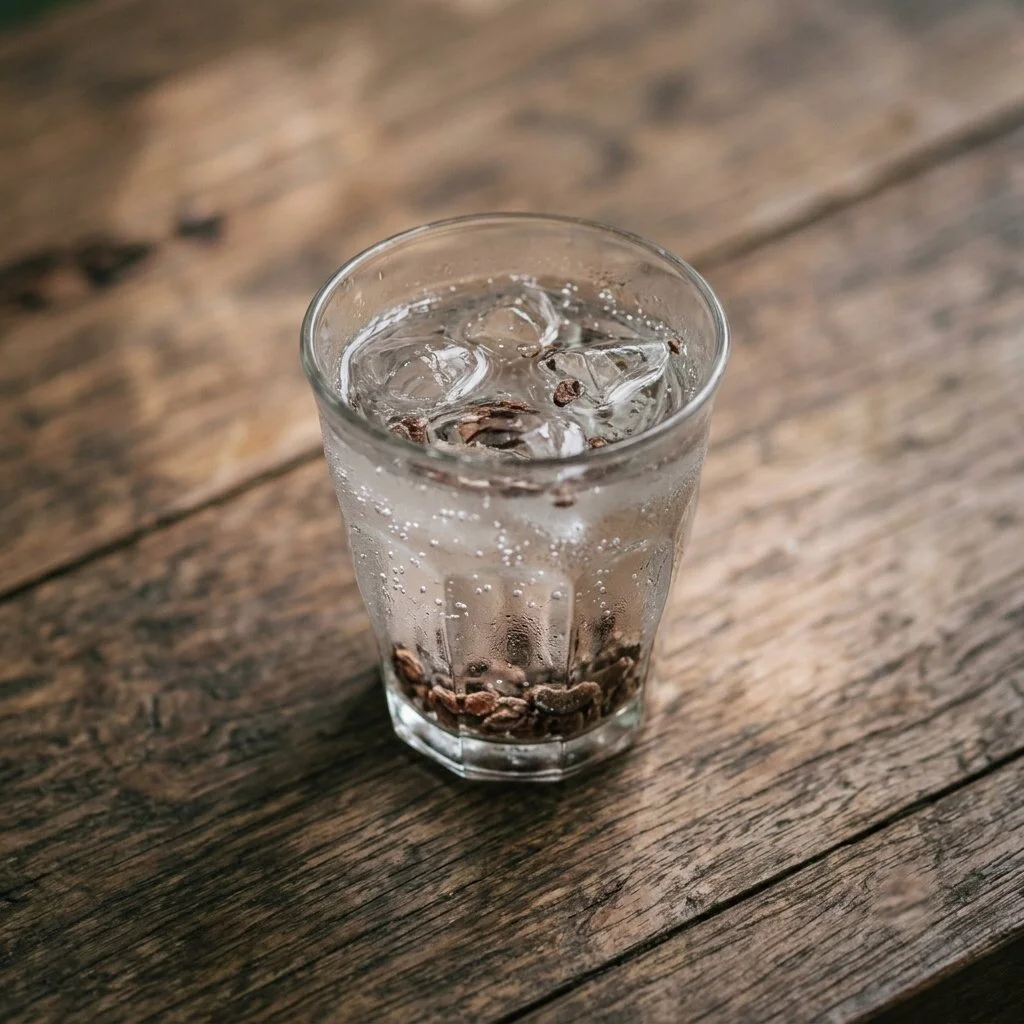 A clear glass of sparkling water with ice cubes and cacao nibs on top, placed on a rustic wooden surface.