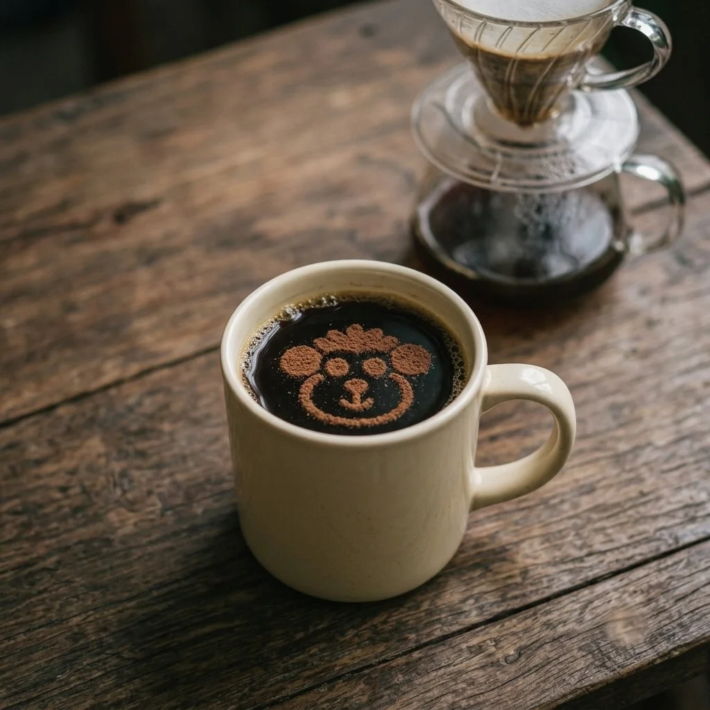A mug of black filter coffee with a monkey drawn in cocoa on top, beside a glass pour-over on a rustic wooden table