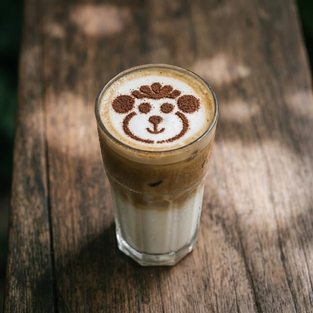 A tall glass of iced latte with a monkey drawn in cocoa on the foam, on a wooden table