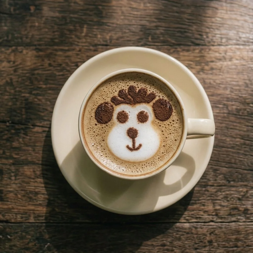 A flat white with a monkey drawn in cocoa on the foam, on a saucer on a wooden table
