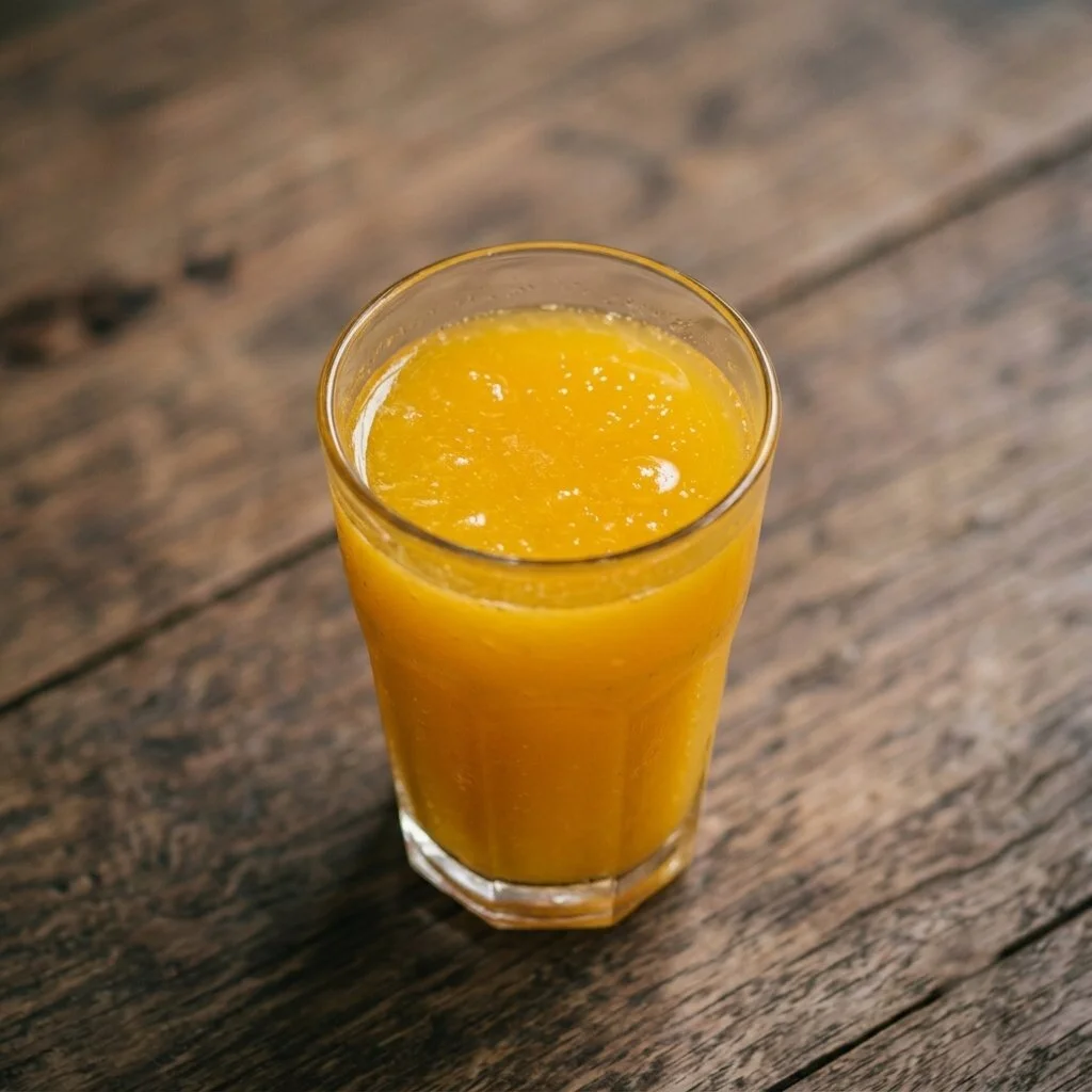 A glass of orange juice placed on a wooden table