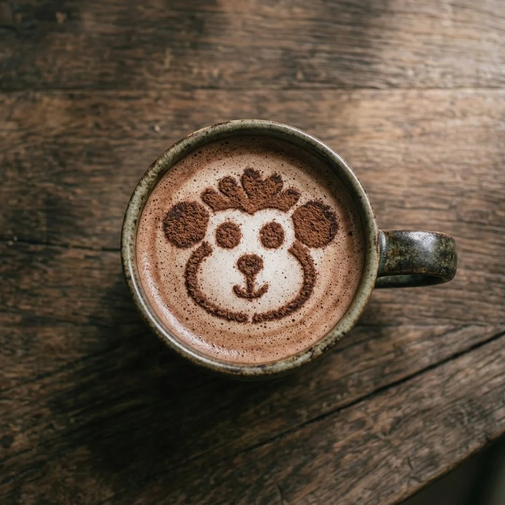 A mug of hot chocolate with a monkey drawn in cocoa on top, on a wooden surface