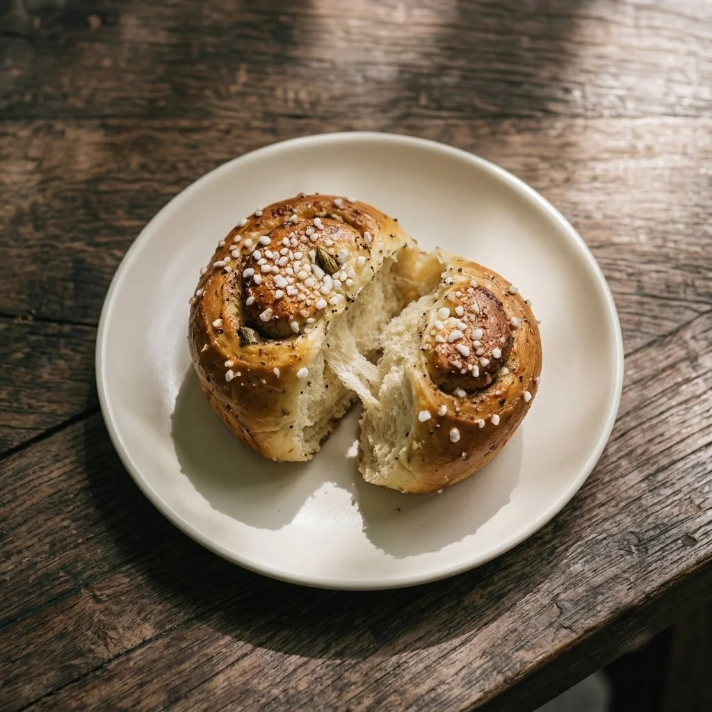 A cardamom bun pulled apart, sugar crystals and seeds on top, on a white plate