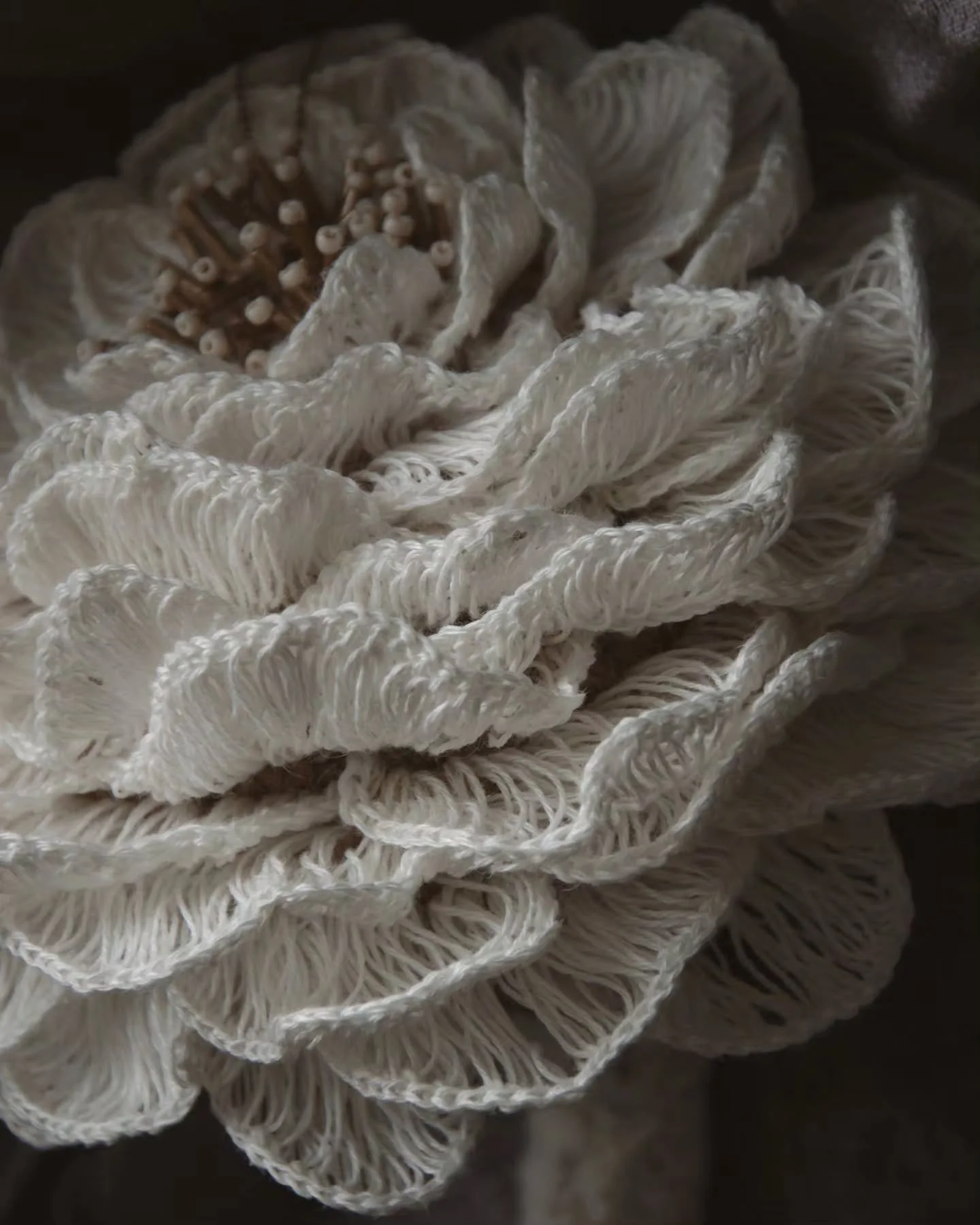 What happens when crochet leaves the frame and becomes a soft sculpture?

Moon Flower grew from the ideas I explored in CELINE. I wanted to take the same materials and techniques further, allowing the flower to become something you can hold and view 