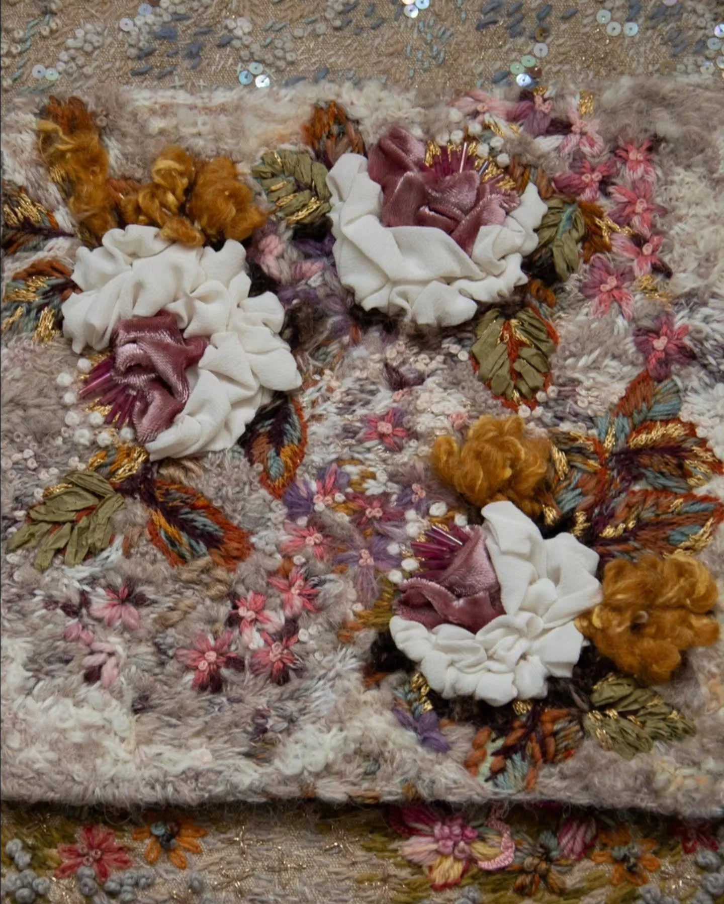 If you have been following my Sunday Mornings videos, you might remember this embroidered collage in progress.

I spent quite a few slow hours working on it, figuring out the colours, textures, and composition as I went.

Finally finished it, and her