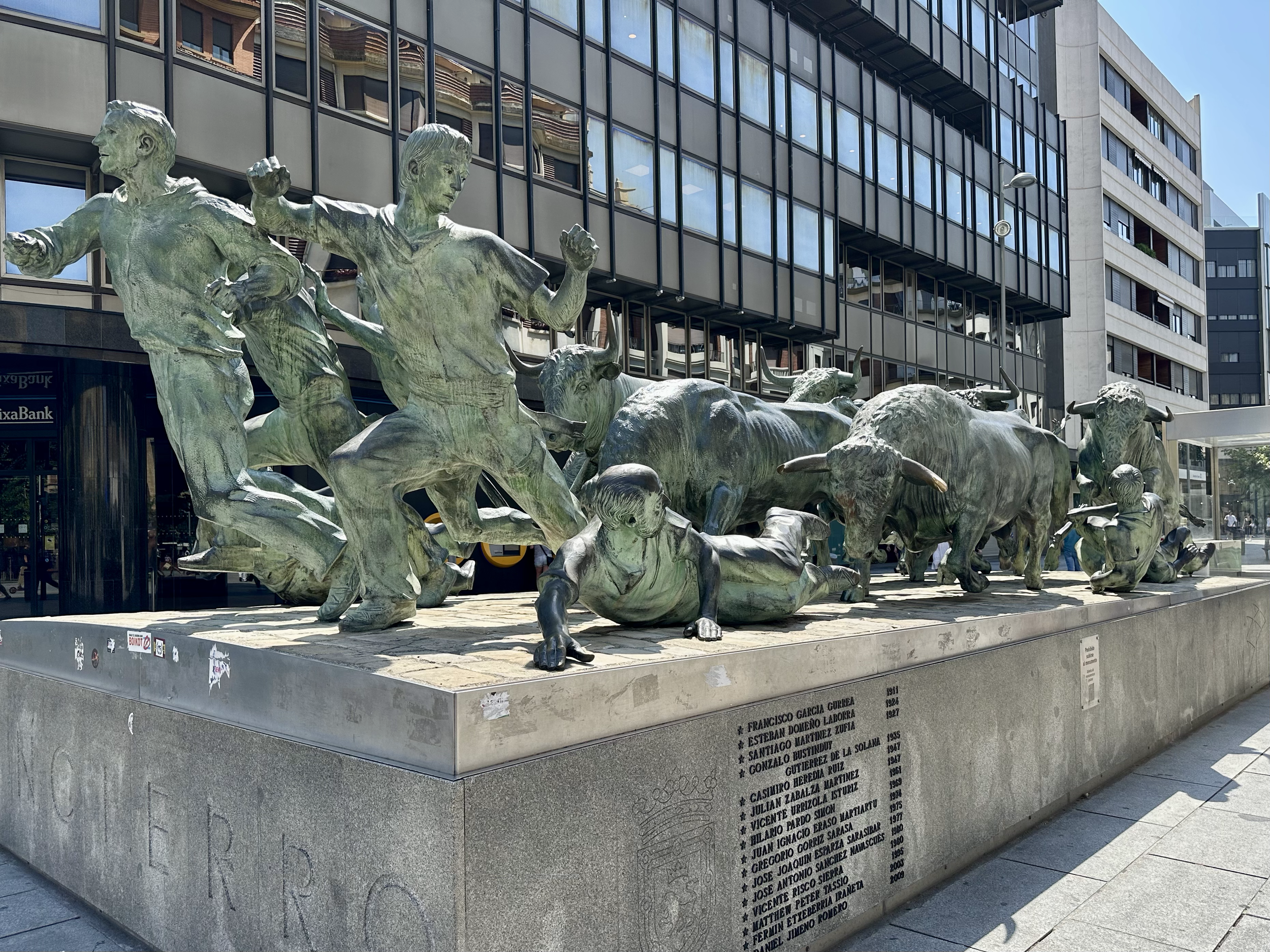 Running of the Bulls Monument.  The 15 people who have died during the running of the bulls (recorded since 1910) are listed on the side of the monument. 