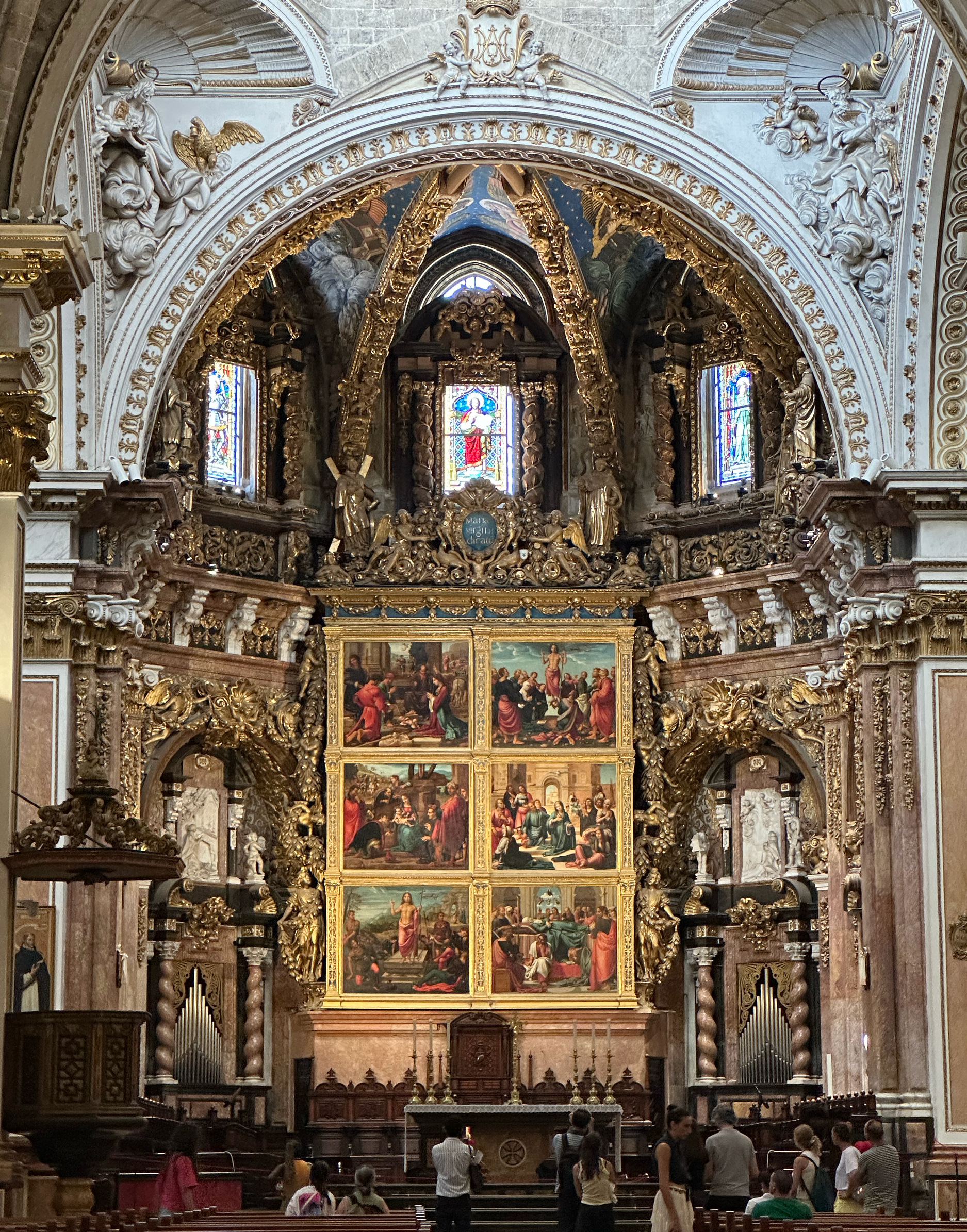 The Cathedral was built between the 13th and 15th century and combines Valencian Gothic, Romanesque, Renaissance, and Baroque styles.  The main alter features Renaissance frescos.  