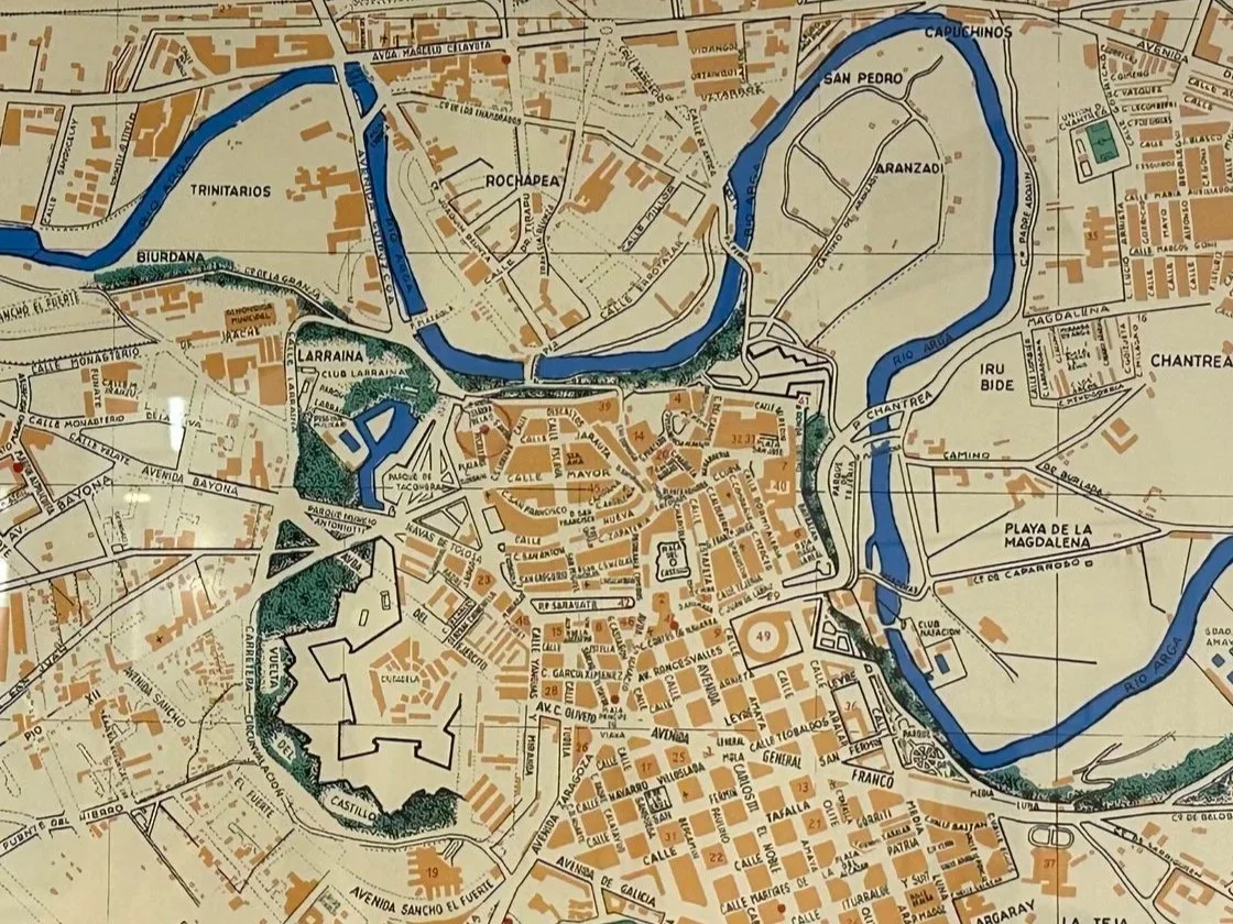 In this old map, you  can see the winding river Arga and the old town with the walled fortress from the Renaissance.  It is mostly a green space now, but you can still see some of the walls and moats of this star-shaped fortress.