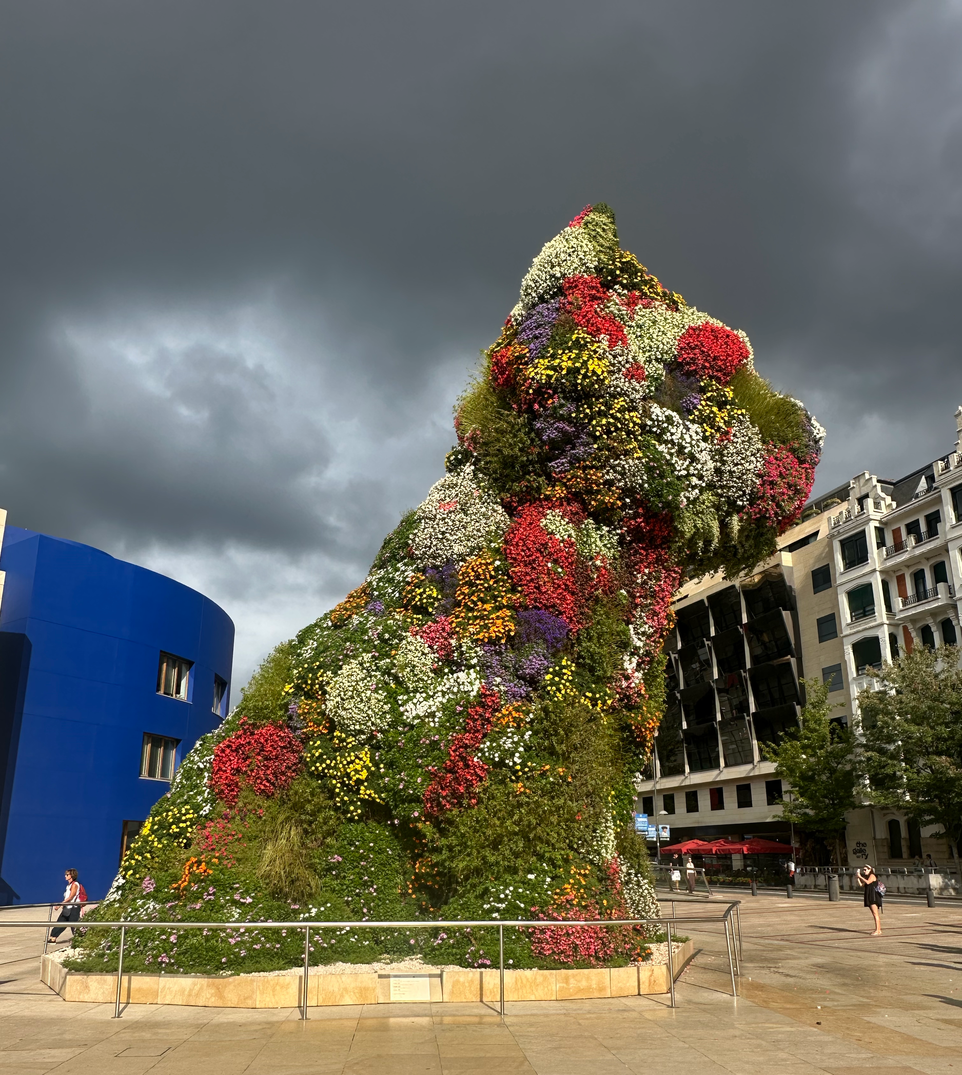 We were fascinated by the Guggenheim "Puppy," erected in 1992 by Jeff Koons.  It is a steel structure with flowering plants.  So vibrant against the threatening sky. 