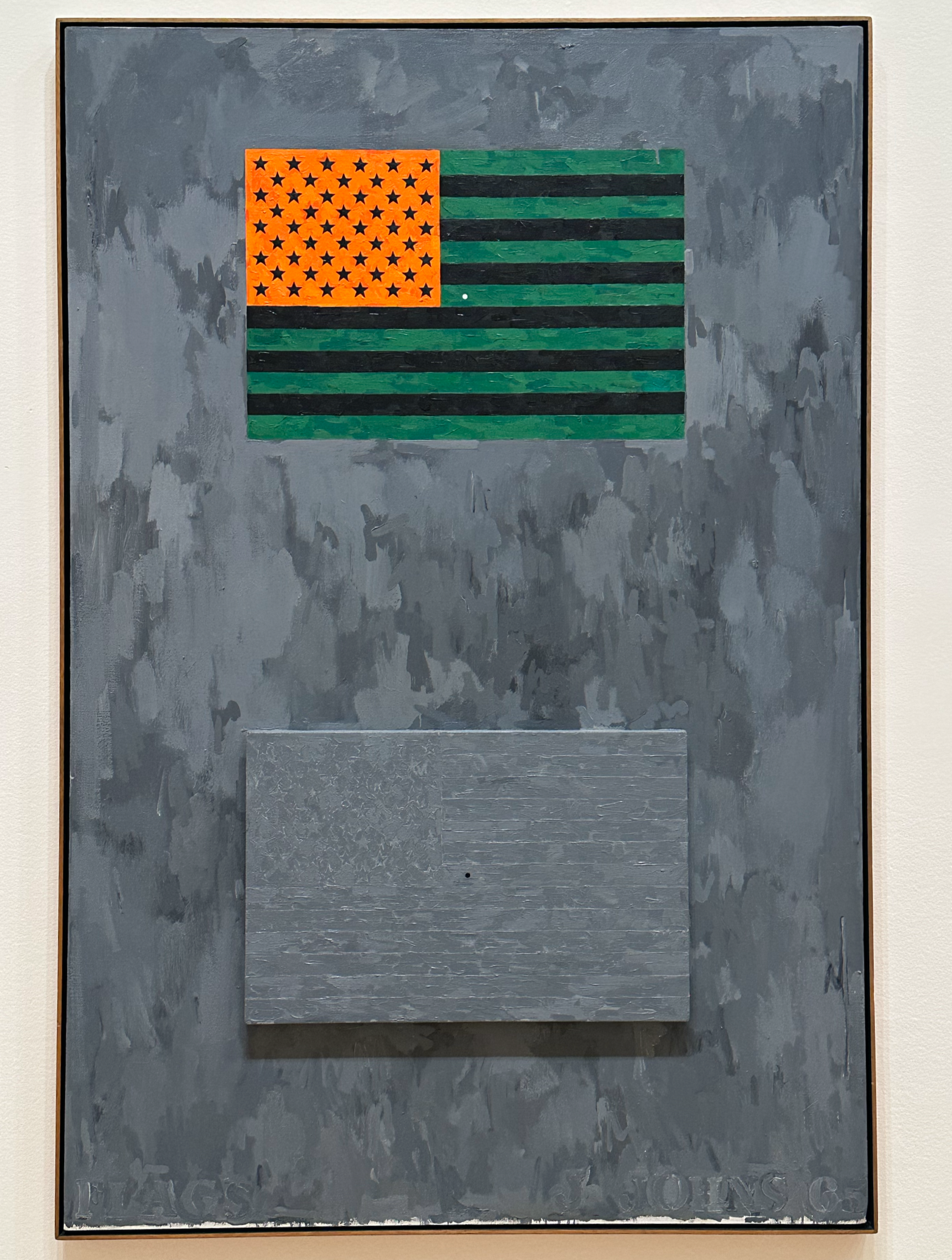 His series of flags are iconic ("Flags," 1965).  I'm not sure if this will work on screen, but in real life, if you stare at the dot at the center of the top flag and then look up at the dot on the bottom flag, the flag will change from gray to the a
