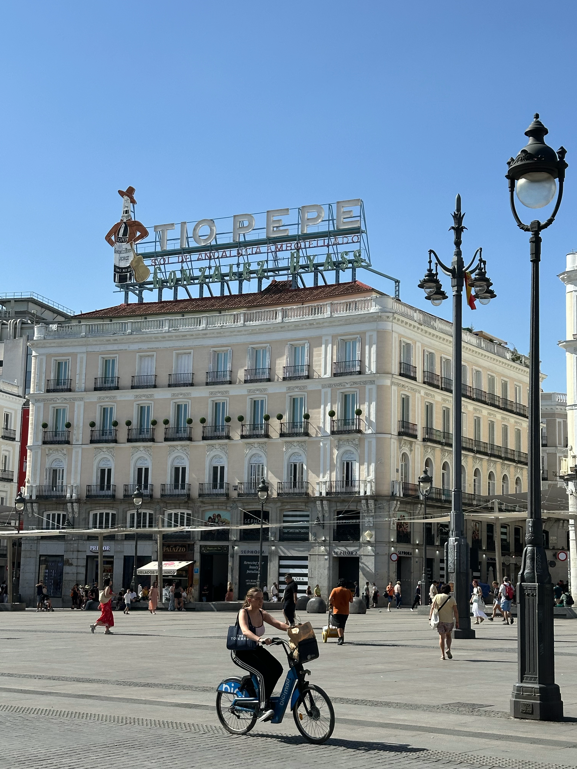 The Tio Pepe sign has been a part of the Puerto del Sol since 1936.  The iconic sign for Andalusian Sherry was removed in 2011 with the renovation of the building, but the people of Madrid (Madrileños) revolted!  And the sign was eventually repaired 